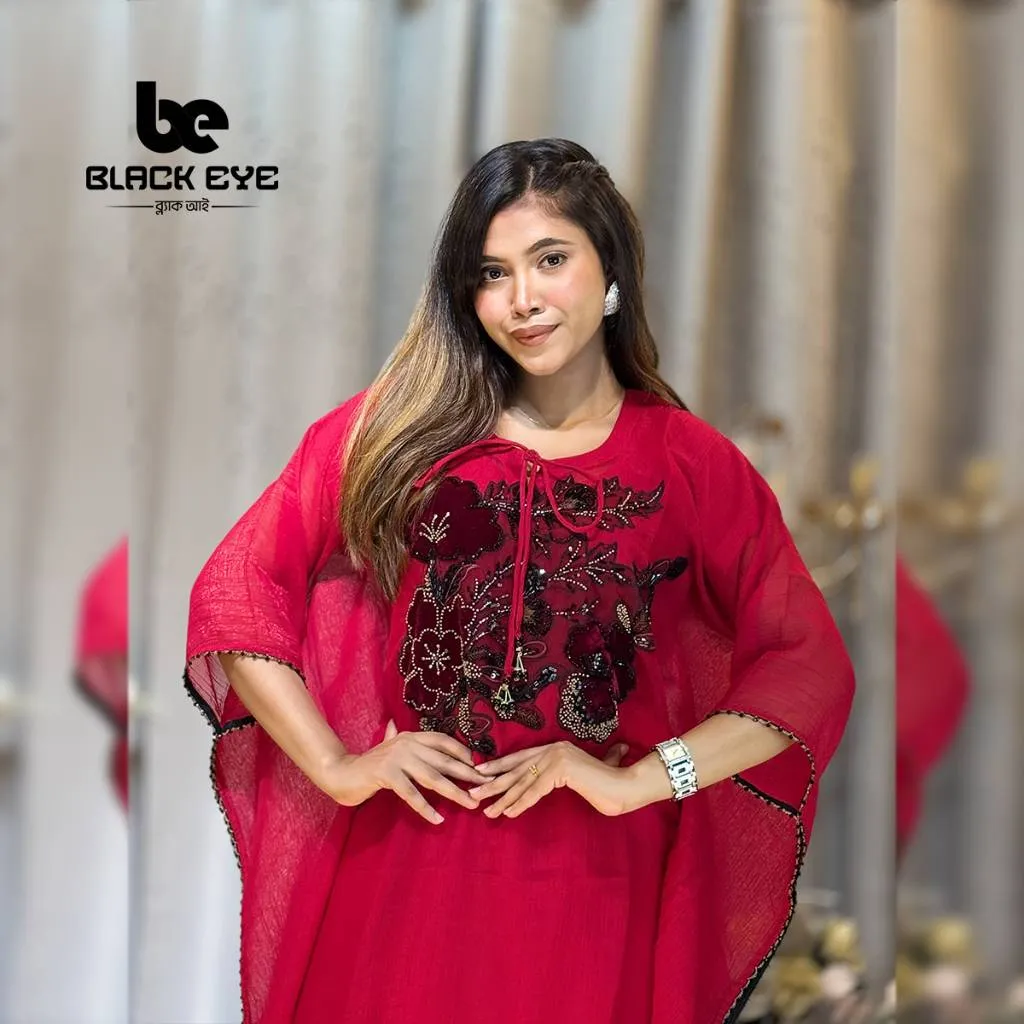 Abaya Co-ord Set With Embroidery (Red)